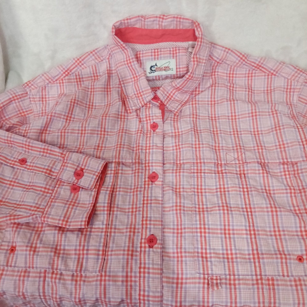 World Wide Sportsman Fishing Shirt Womens XL Pink Purple Plaid Long Sleeve Vent